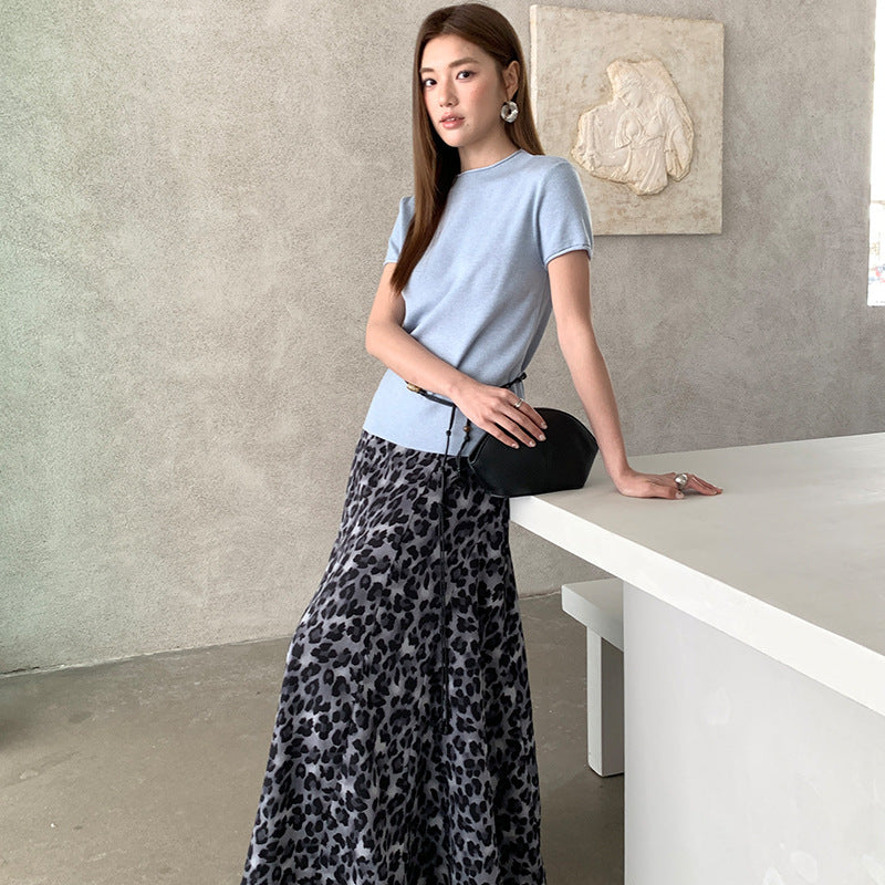 Spring retro fashion leopard print skirt slim elegant tulle dress