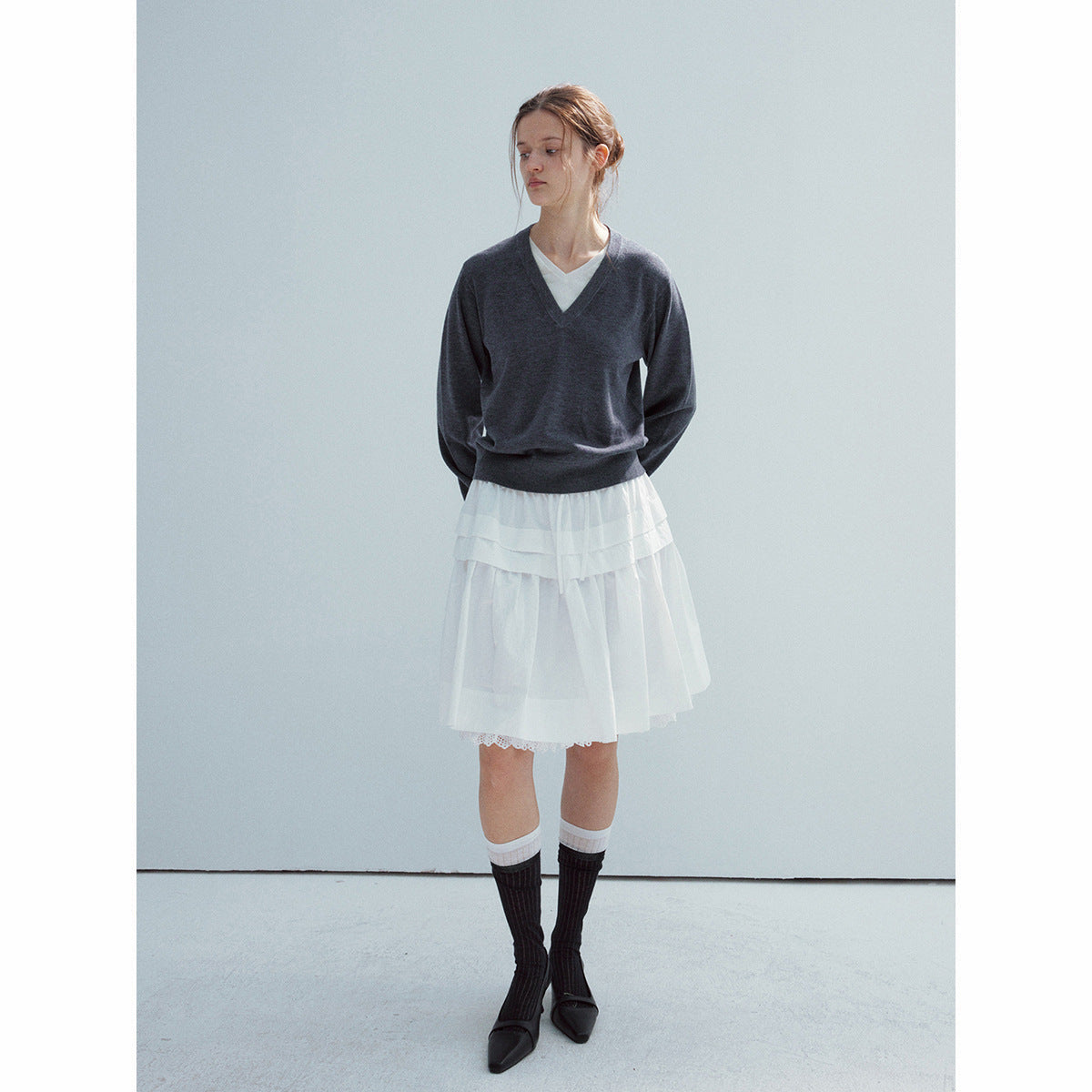 Spring new casual high-waisted drawstring lace cotton brocade solid color splicing short skirt