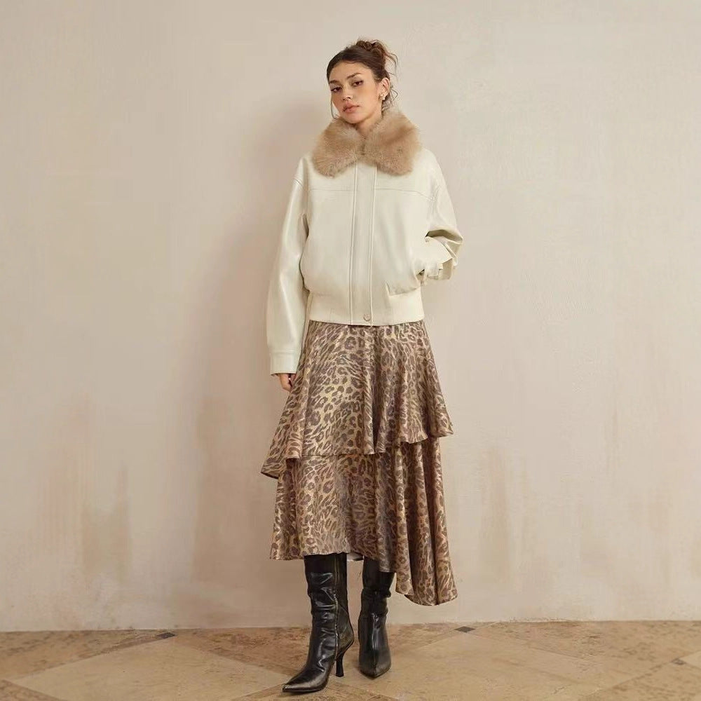 Winter "gilt white Tongqi" oil wax leather short white leather jacket with detachable fur collar jacket