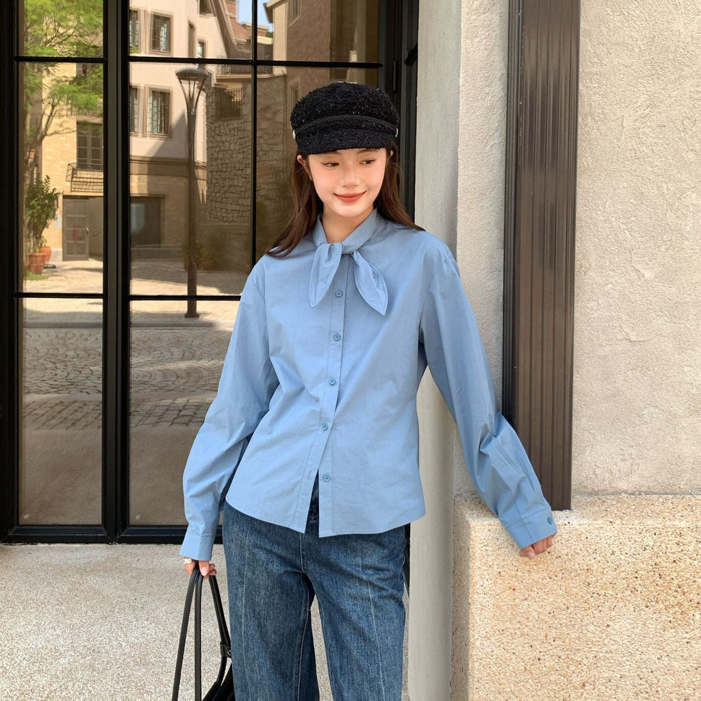 Sweet girl age-reducing rabbit ear lapel long-sleeved cotton shirt