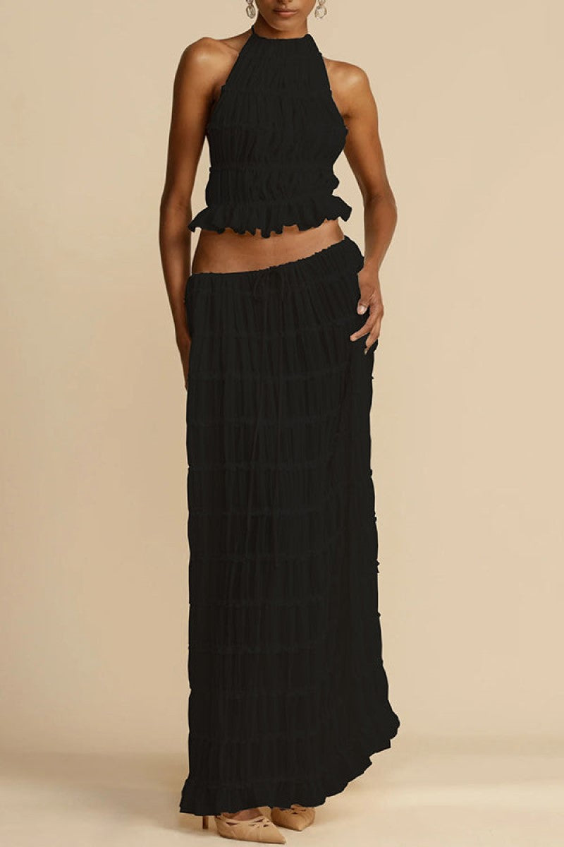 Fashion sexy backless holiday top skirt two-piece set