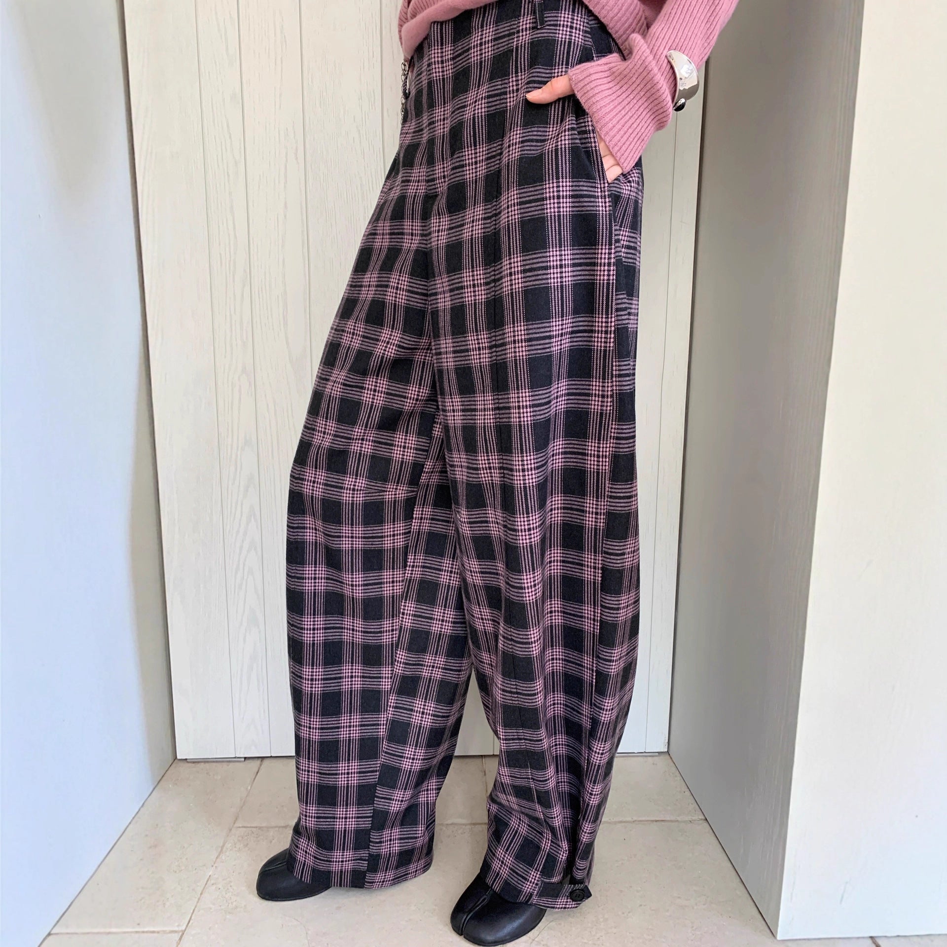 Vintage contrasting plaid leggings loose wide-leg pants