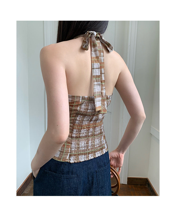 Sexy Spice Girl Halter Lace-Up Neck Checkered Small Suspender Vest