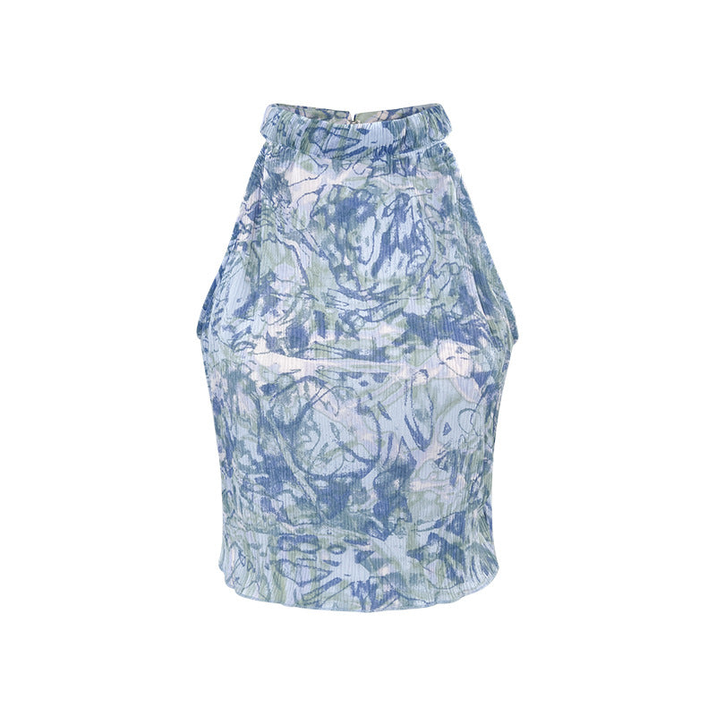 French Floral Halter Neck Slim Chiffon Vest