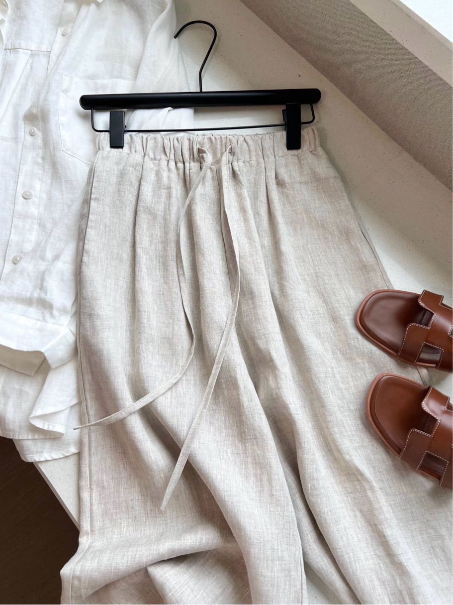 Thin loose drape lazy style high waist straight casual mopping cotton and linen wide-leg pants