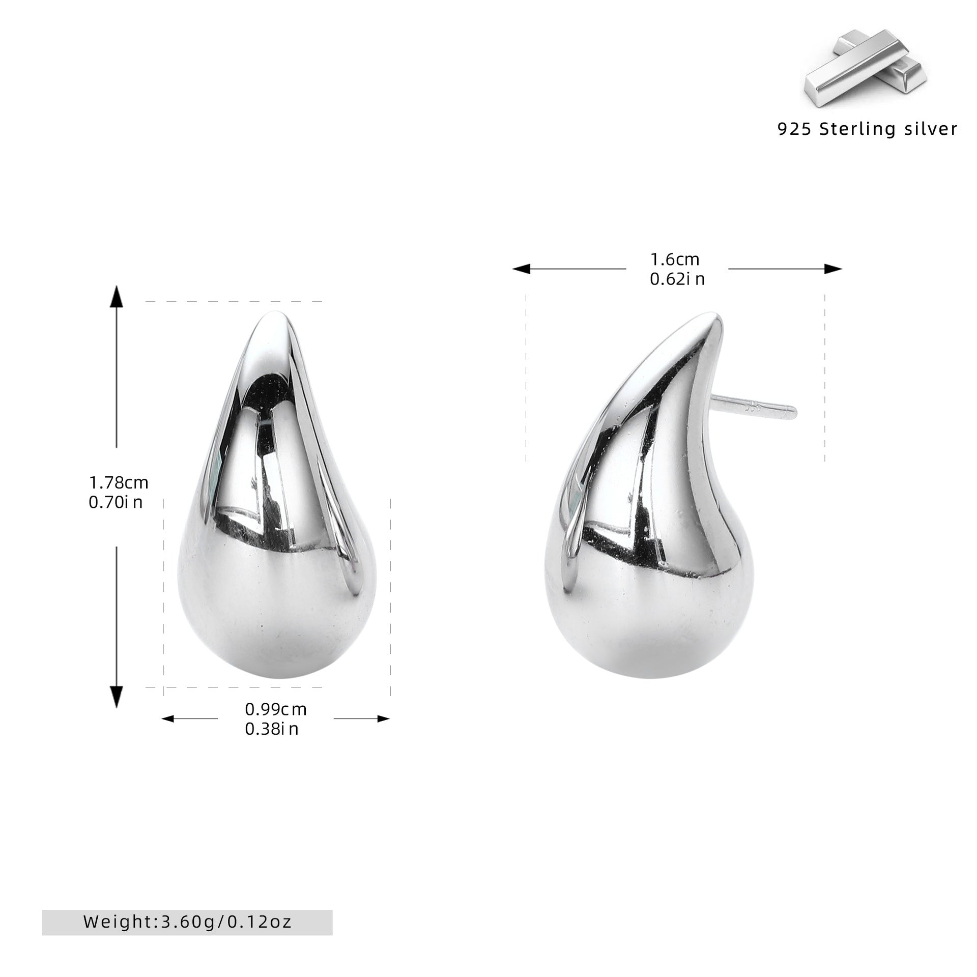 S925 sterling silver water drop stud earrings