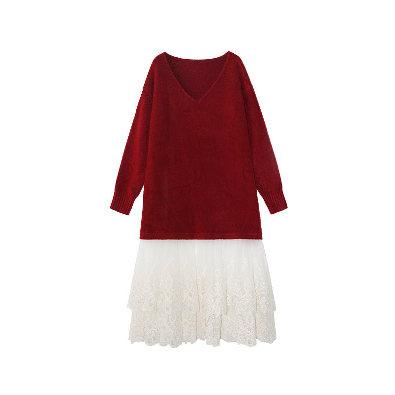 Gentle temperament atmosphere lace splicing sweater dress