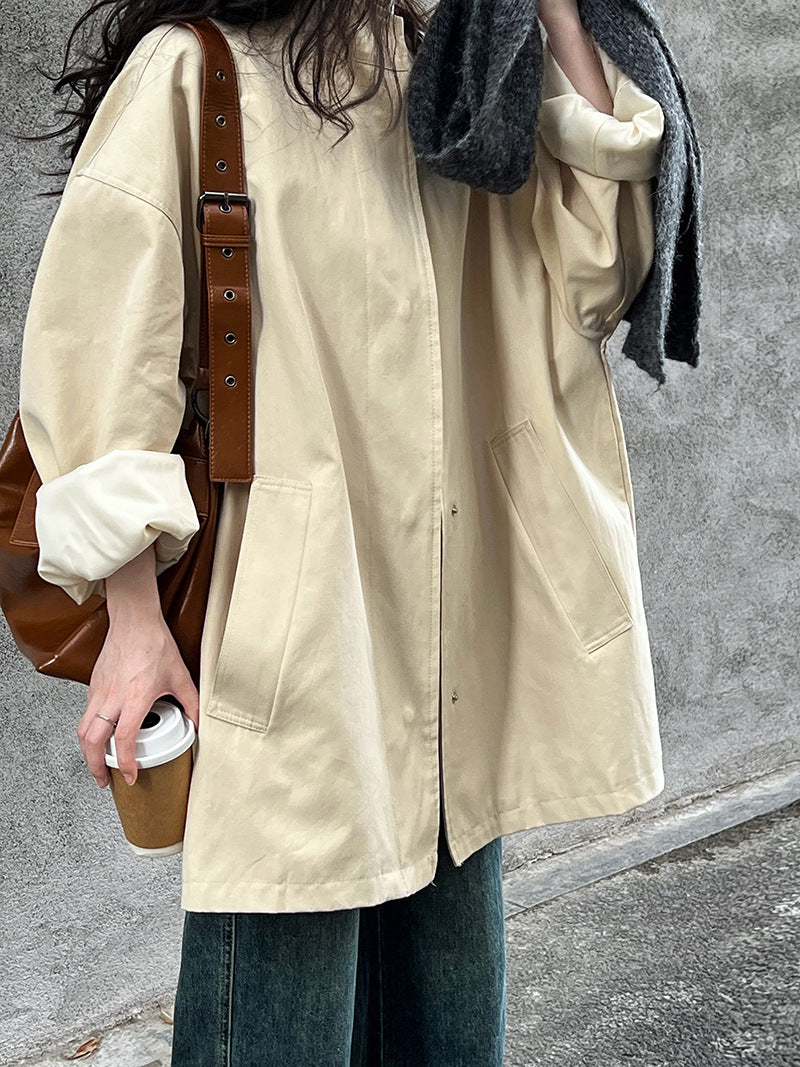 Premium temperament silhouette stand-up collar trench coat women's lazy style Japanese minimalist oversize coat 8631