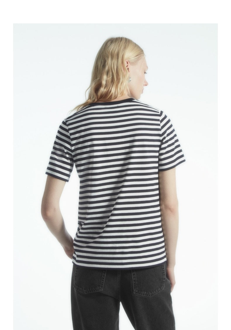 Striped Black and White Crew Neck Short Sleeve T-Shirt