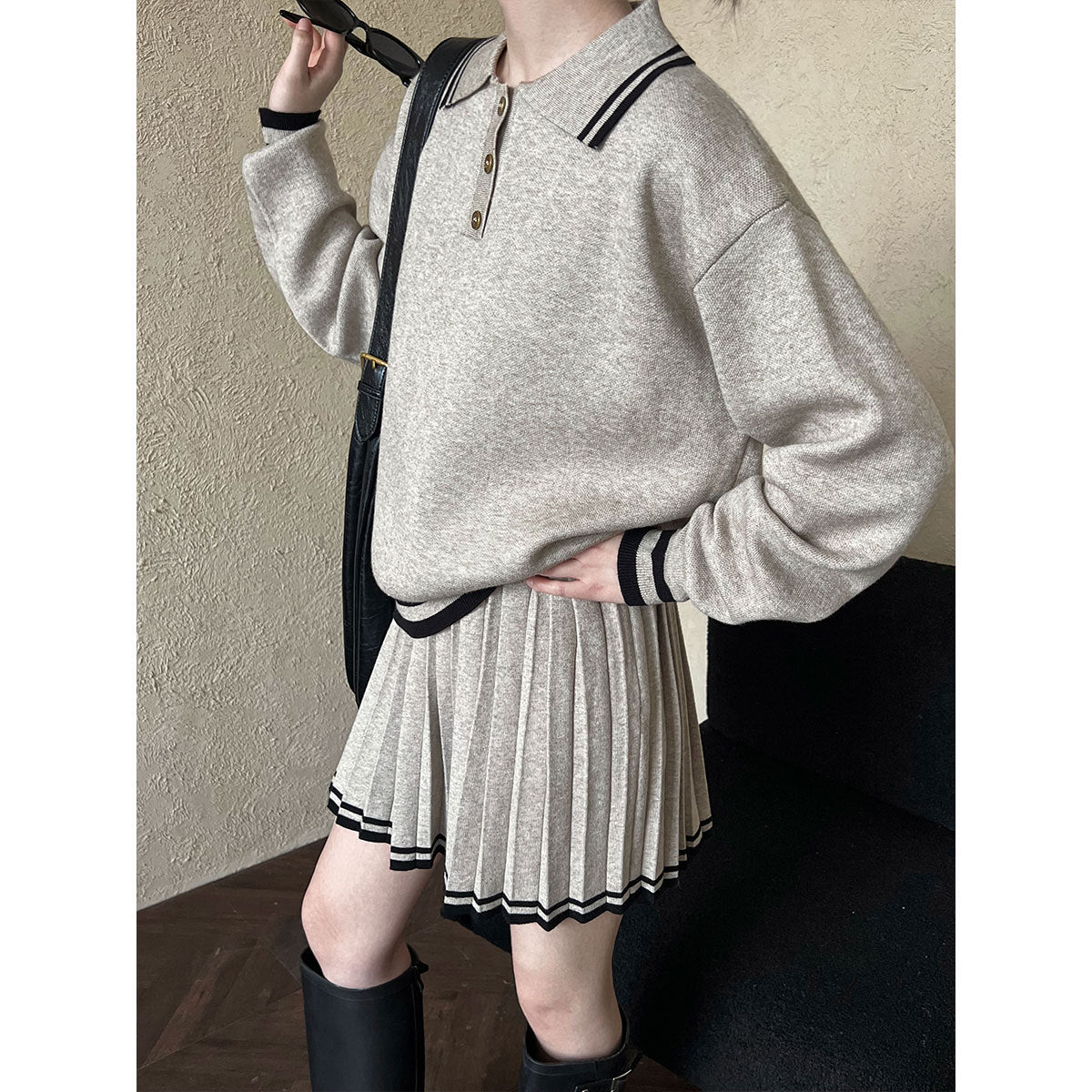 Academy style polo neck sweater + high waist pleated skirt set