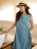 Retro crew neck vest denim meat cover and thin waist dress