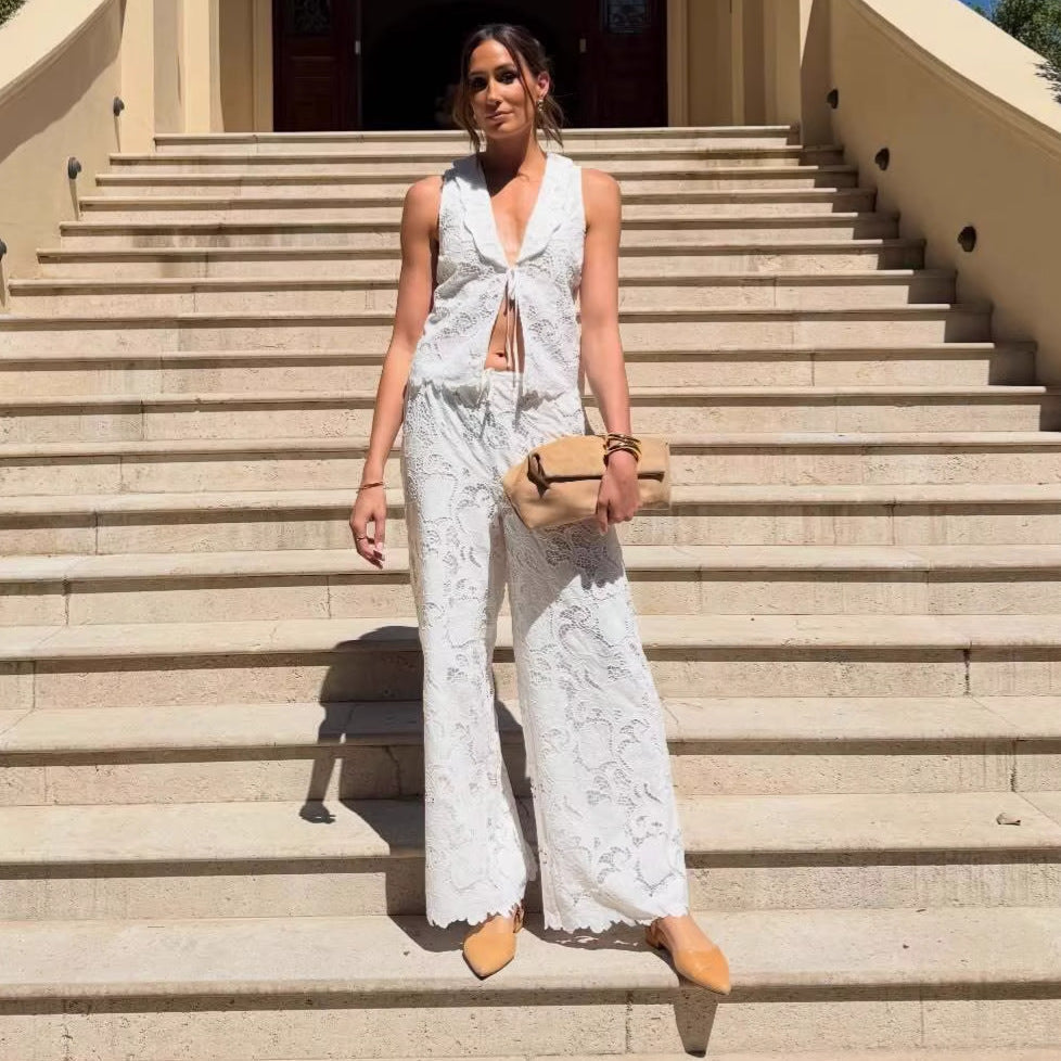 Hollow lace lace-up sleeveless vest wide-leg pants set waist and thin temperament two-piece set