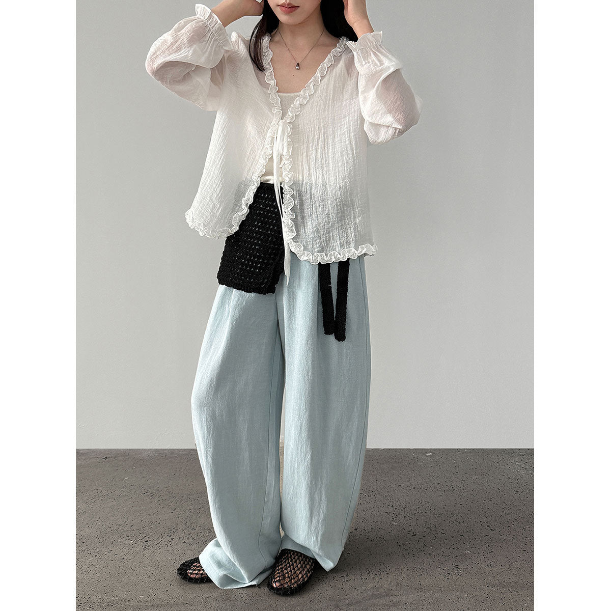 Tencel linen pendant elastic waist wide-leg pants women's 26 spring meat-covering and thin casual trousers