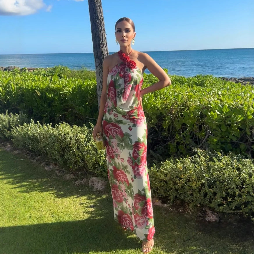 Sexy hanging cloth dress three-dimensional flower fashion off-the-shoulder long printed dress