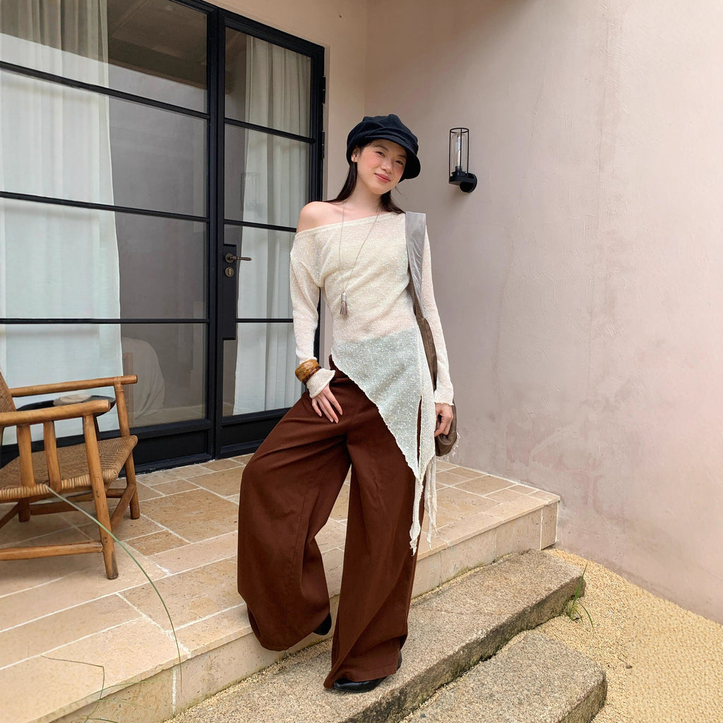 Women's Asymmetric Off-Shoulder Hollow-Out Knit Pullover Sweater