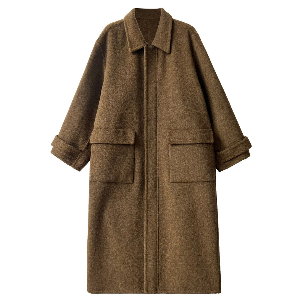 100% wool lapel zipper double-sided woolen coat women's design silhouette double patch bag long coat