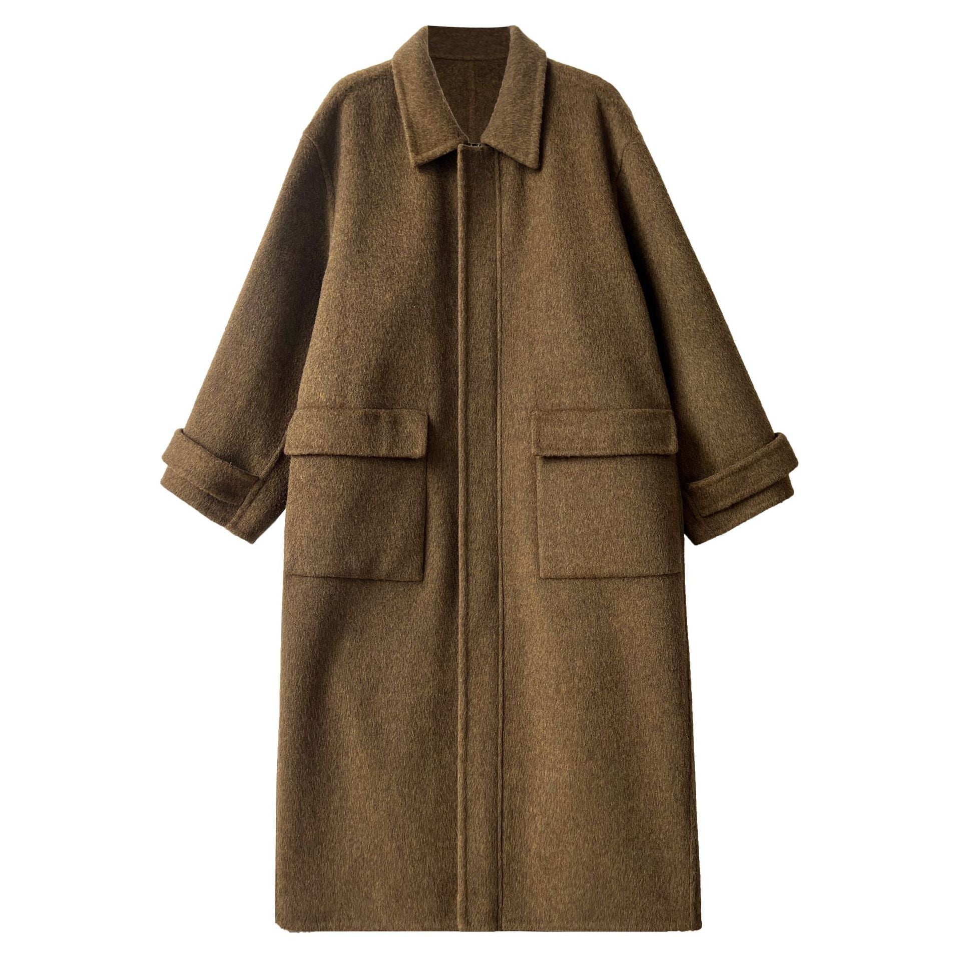 100% wool lapel zipper double-sided woolen coat women's design silhouette double patch bag long coat