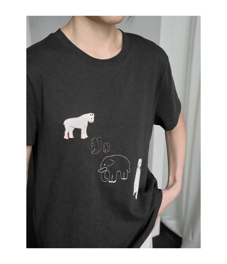 Patch cloth craft embroidery soft skin-friendly round neck short-sleeved loose T-shirt