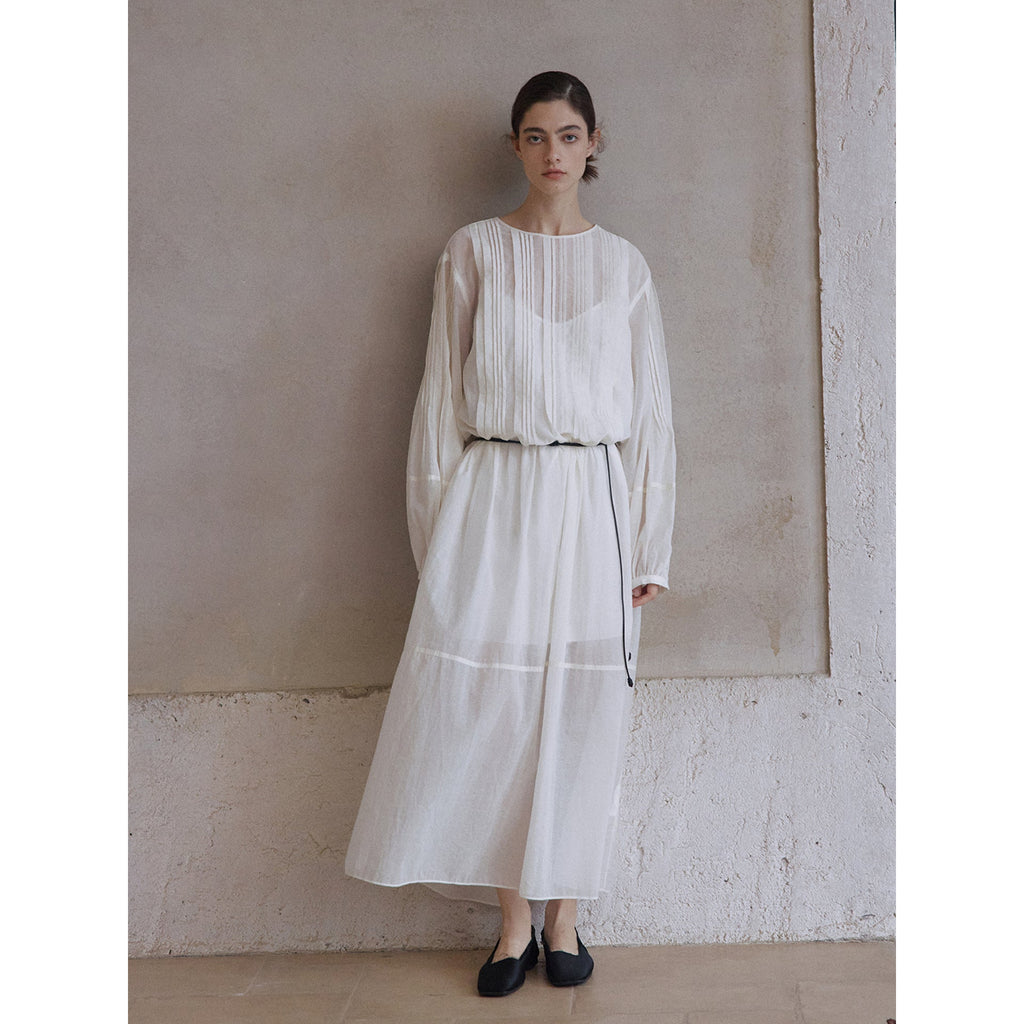 Autumn new round neck perspective see-through cable rear mid-split slightly shoulder-drop dress