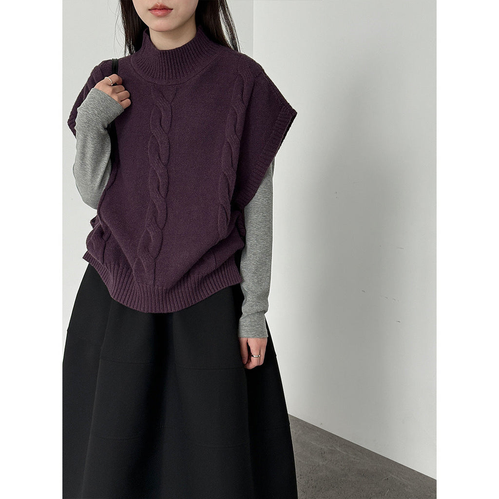 Korean retro twisted semi-turtleneck knitted vest women's 2026 spring stacked design vest