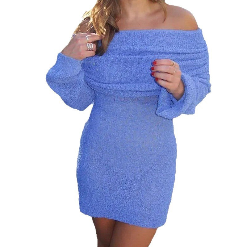 Beach vacation style sexy skirt knitted hollow one-word collar dress female perspective babes