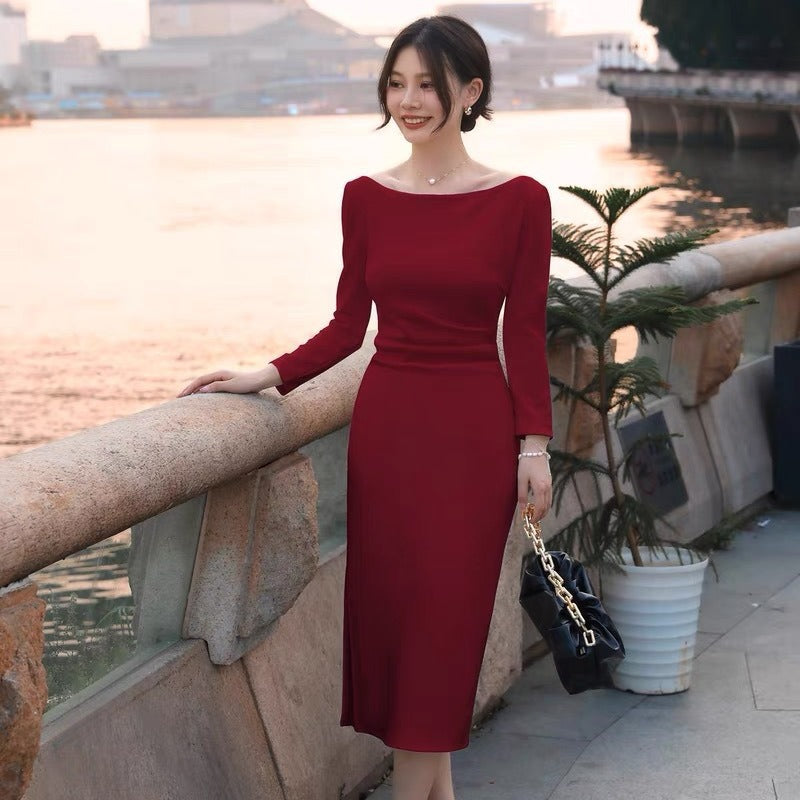 One-Shoulder Dress Women High Waist Slim Fit Pleated Bodycon Midi
