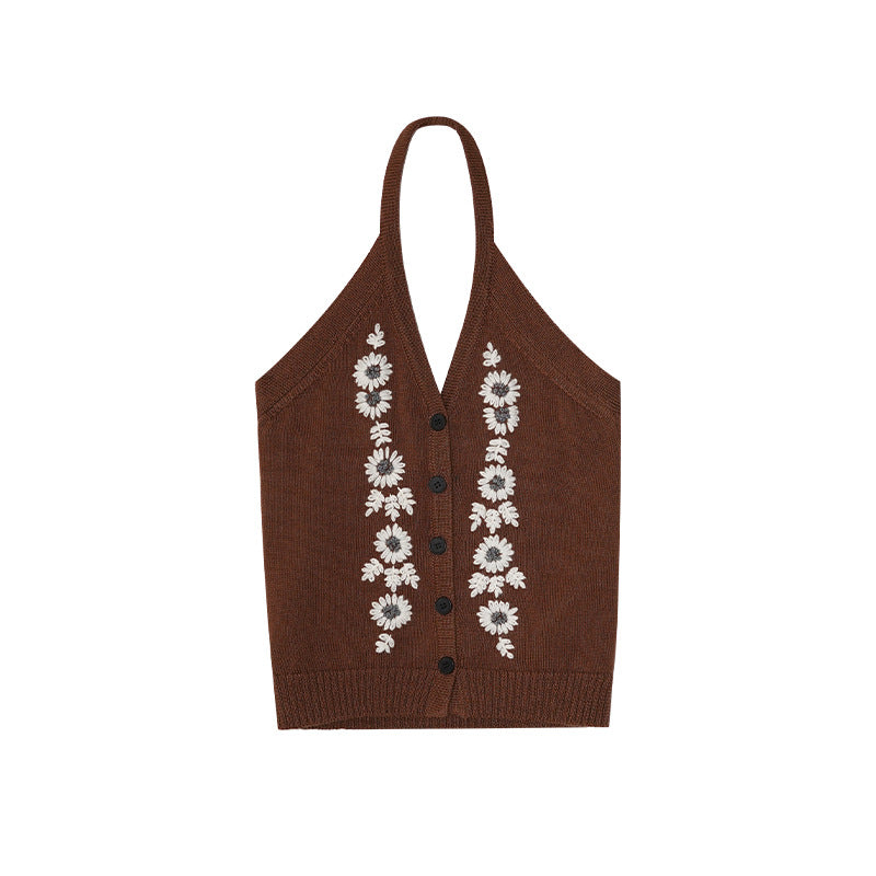 Spice girl sexy backless single-breasted jacquard neck knitted cardigan