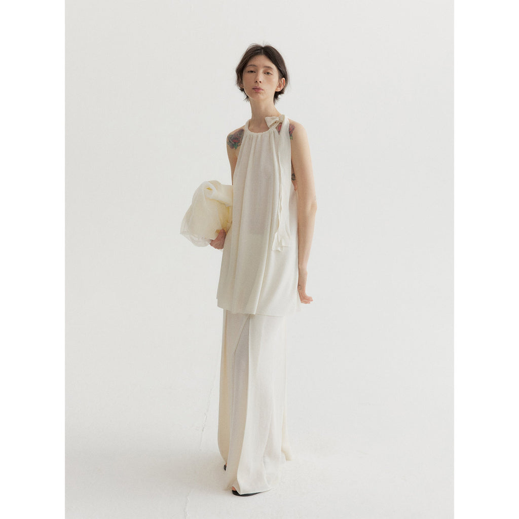 Summer commuter design sense linen shrink pleated strap neck collar strap vest