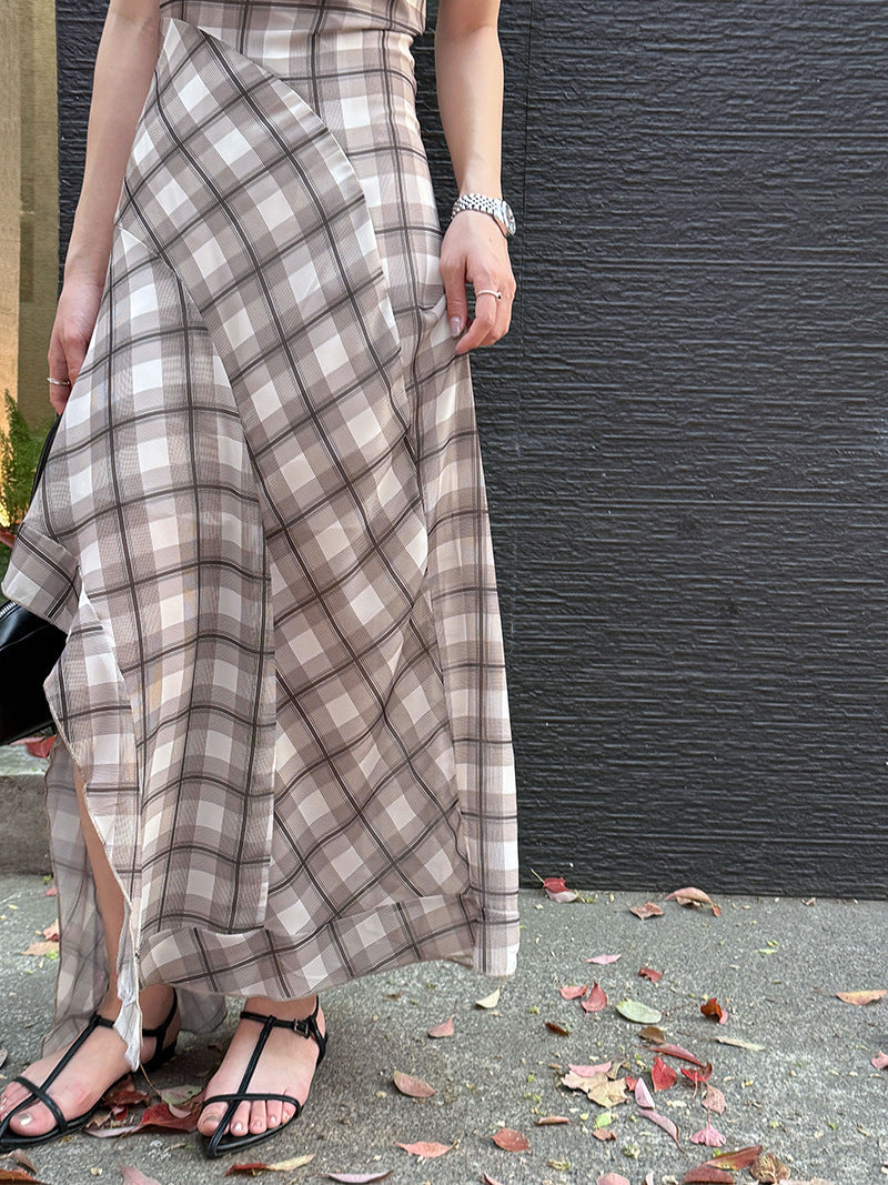 Korean simple temperament plaid dress spring and summer women's new waist irregular hem long dress