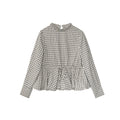 Autumn retro plaid waist design long-sleeved fungus edge stand-up collar shirt