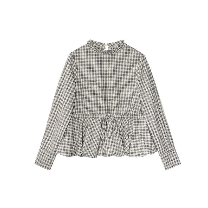 Autumn retro plaid waist design long-sleeved fungus edge stand-up collar shirt