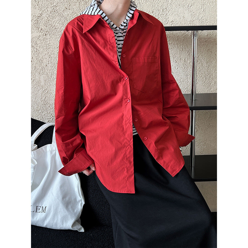 Korean version of chic loose silhouette shirt jacket women's commuter lapel versatile long-sleeved casual top