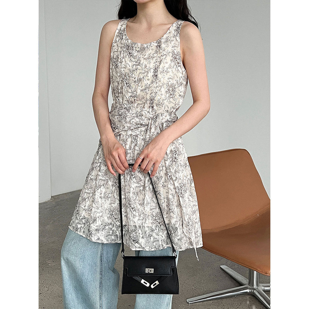 Korean simple floral temperament sundress summer new style with strap waist sleeveless dress