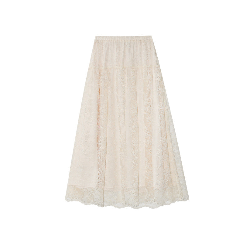 High-waisted A-shaped long embroidered lace skirt