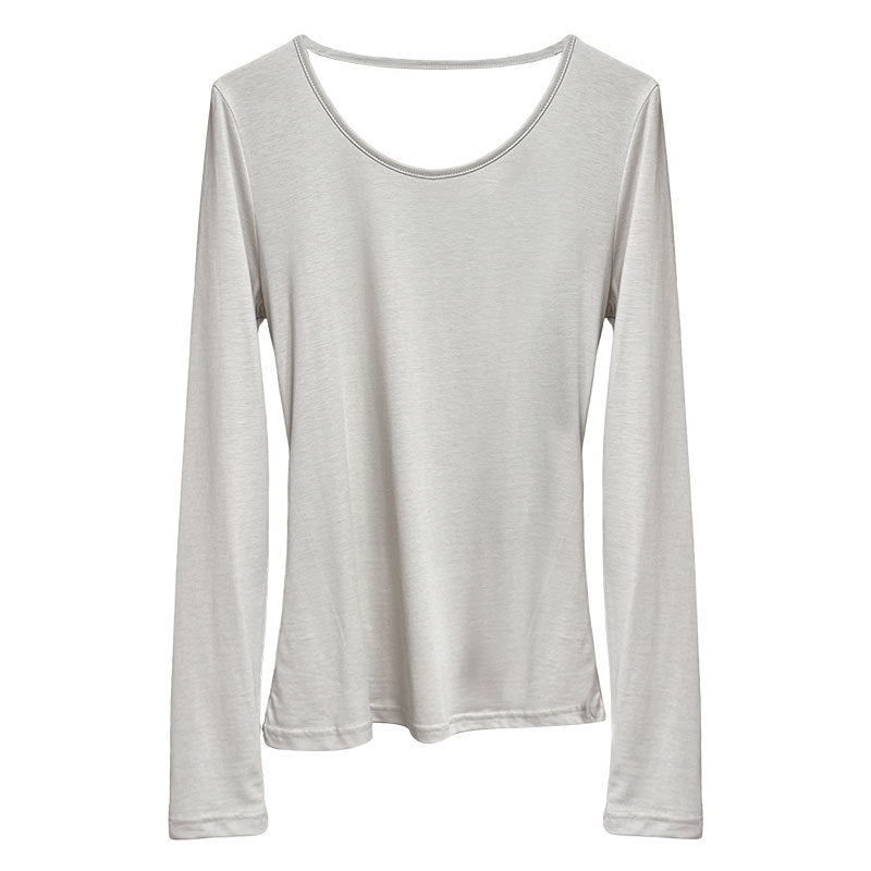 Slightly transparent backless swing collar long-sleeved T-shirt for women