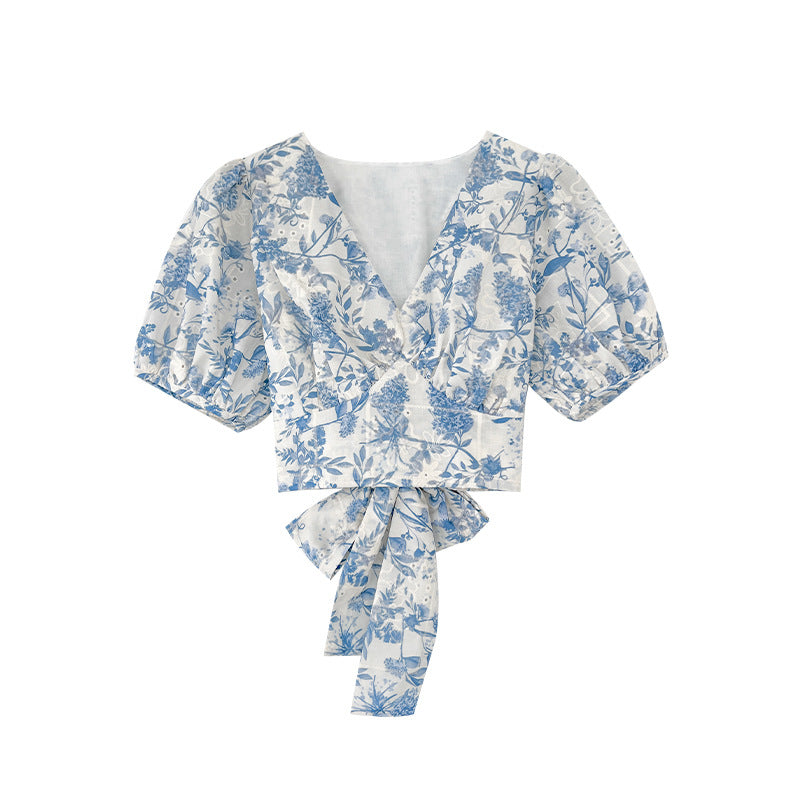 French sweet v-neck lace-up waist floral shirt