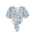 French sweet v-neck lace-up waist floral shirt
