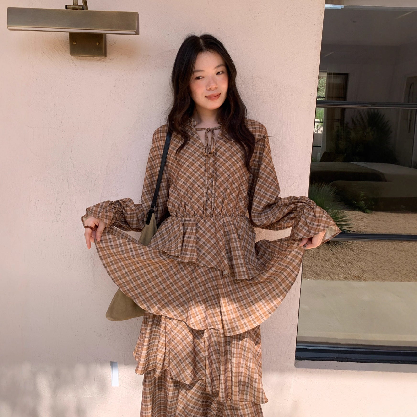 Plaid lace-up ruffle temperament dress