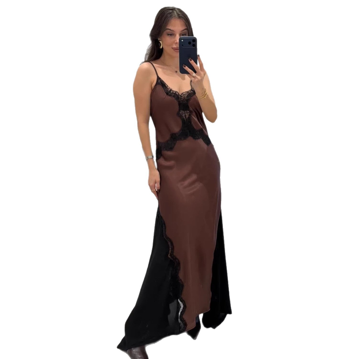 Spring Sexy Lace Suspender Dress Fashion Splicing Satin Floor Mopping Dress
