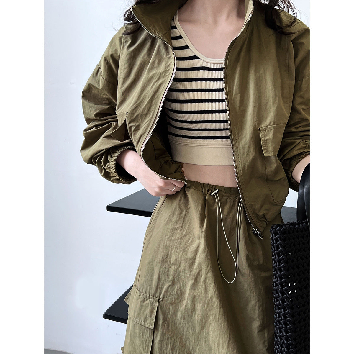 American short jacket + drawstring skirt two-piece outdoor sports tooling suit women
