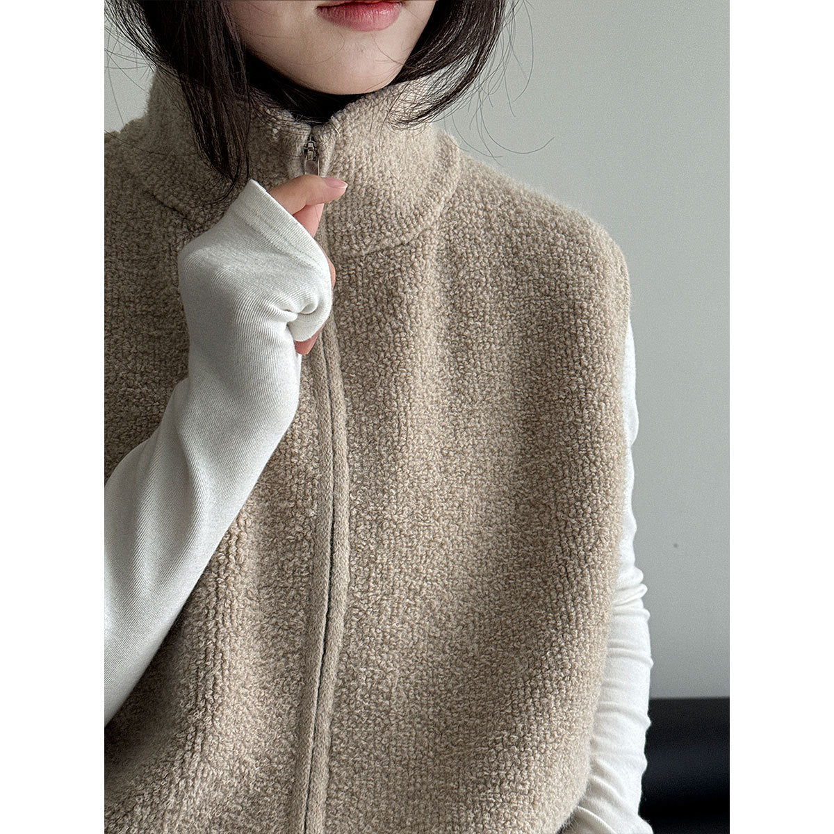 Korean wool stand-up collar stacked with loop wool vest jacket women's winter warm knitted sweater ss943