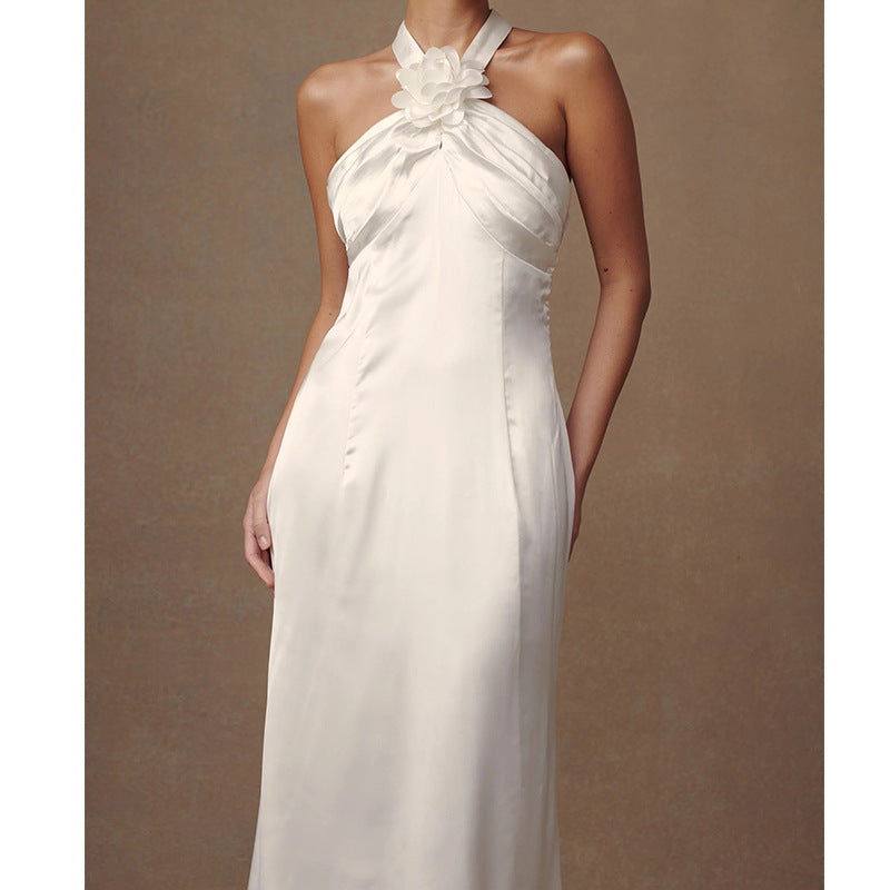 Halter Sexy Flower Satin Ice Silk Long Dress Neck Dress Elegant Sleeveless