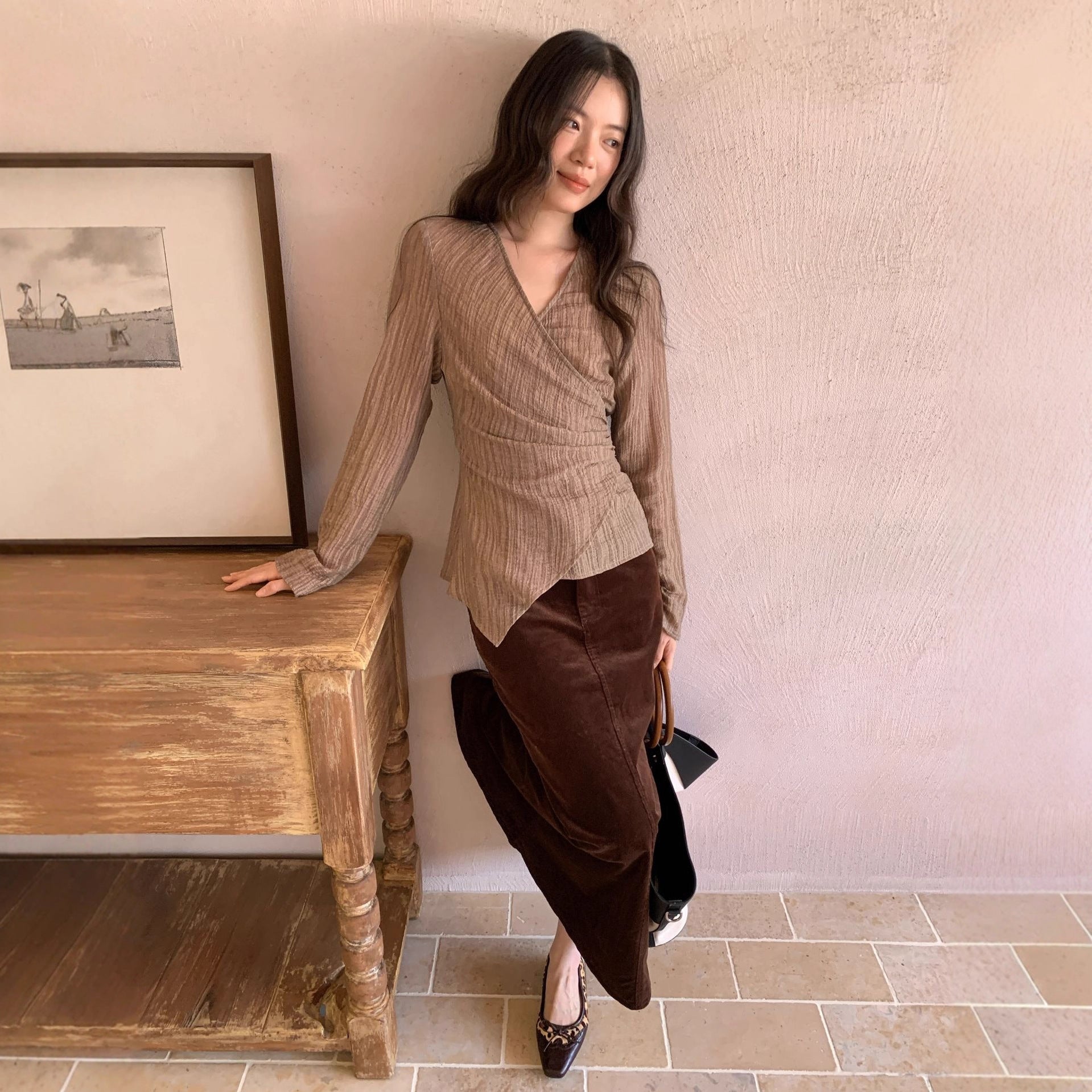 Coffee pleated irregular straps shirt top