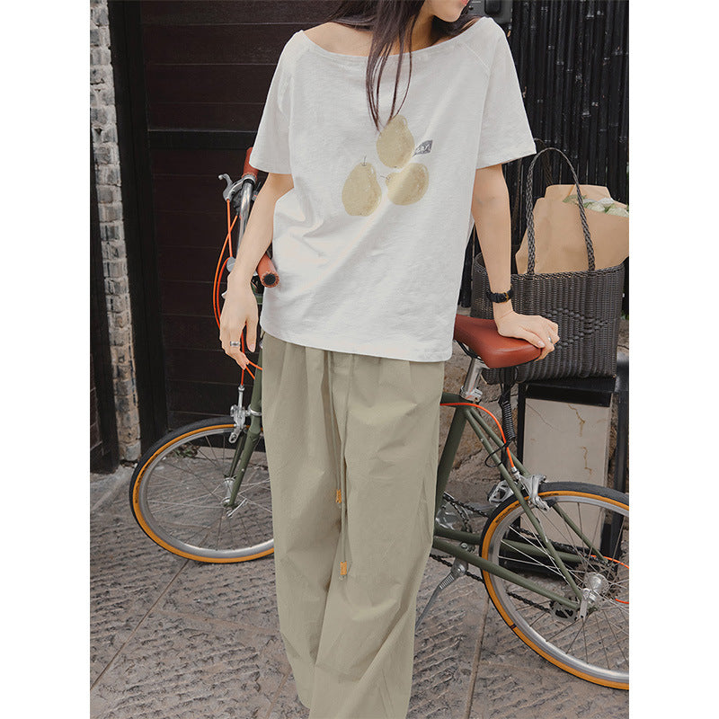 One-word collar slanted shoulder short-sleeved water lazy skin-friendly fruit print summer short-sleeved T-shirt