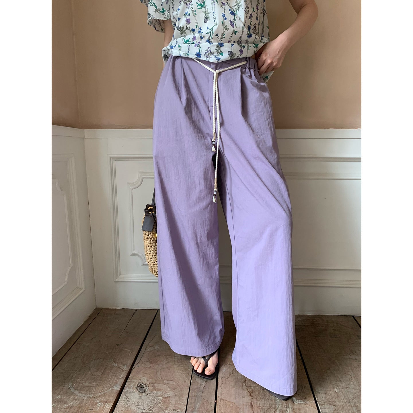 Summer Korean version loose lace-up elastic waist thin straight casual pants