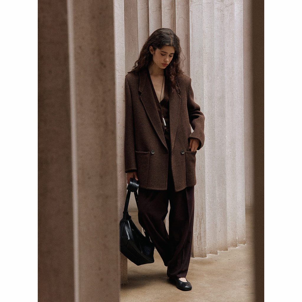 Full wool crisp and stylish simple commuter rough flower wide shoulder suit double-sided tweed jacket