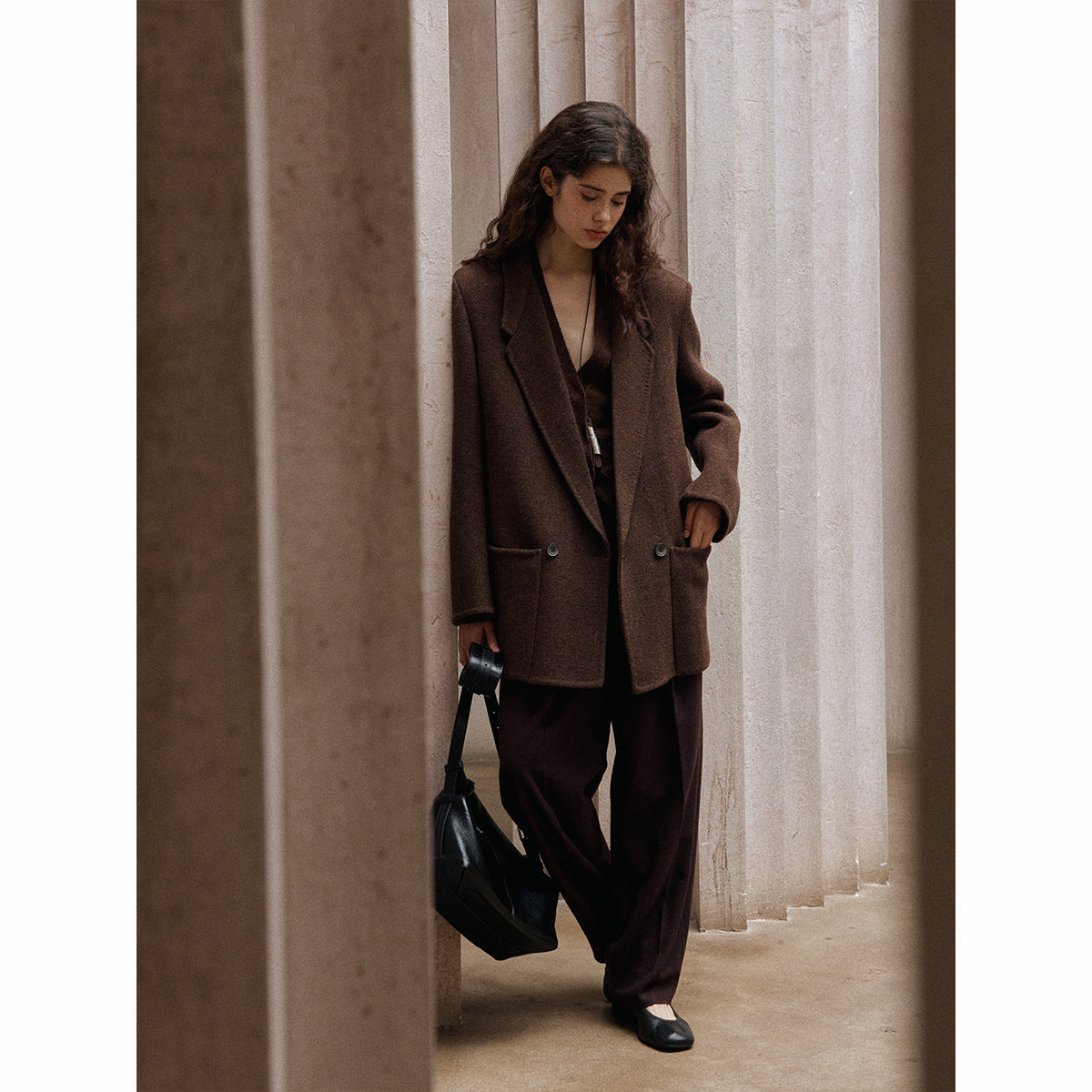 Full wool crisp and stylish simple commuter rough flower wide shoulder suit double-sided tweed jacket