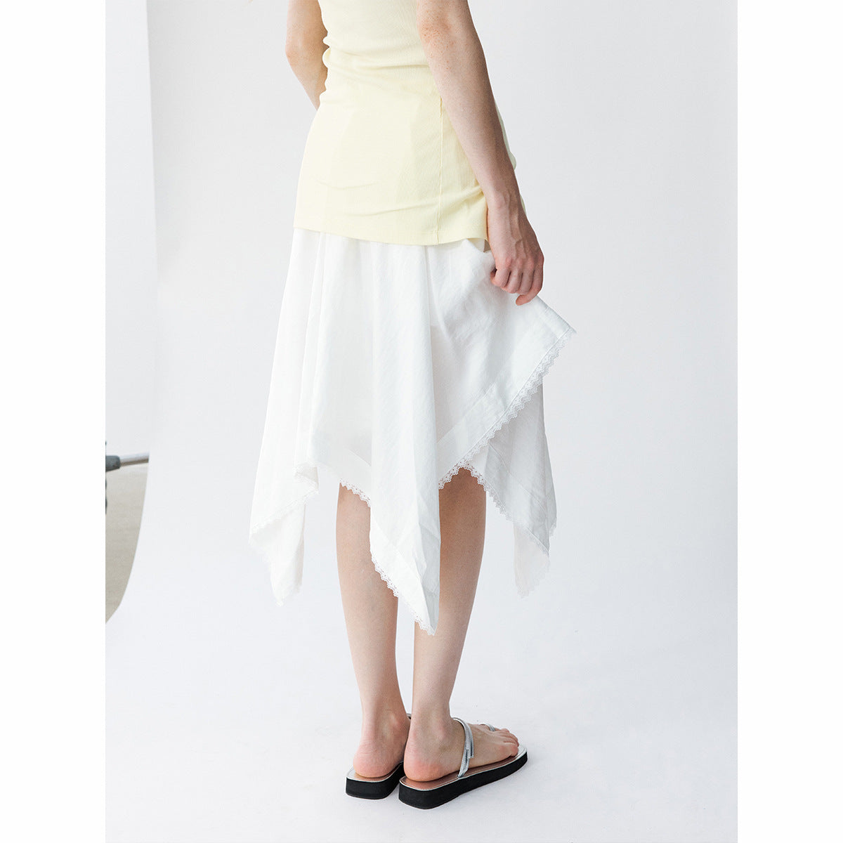 Summer new casual high-waisted Tencel irregular square lace edge medium-length skirt