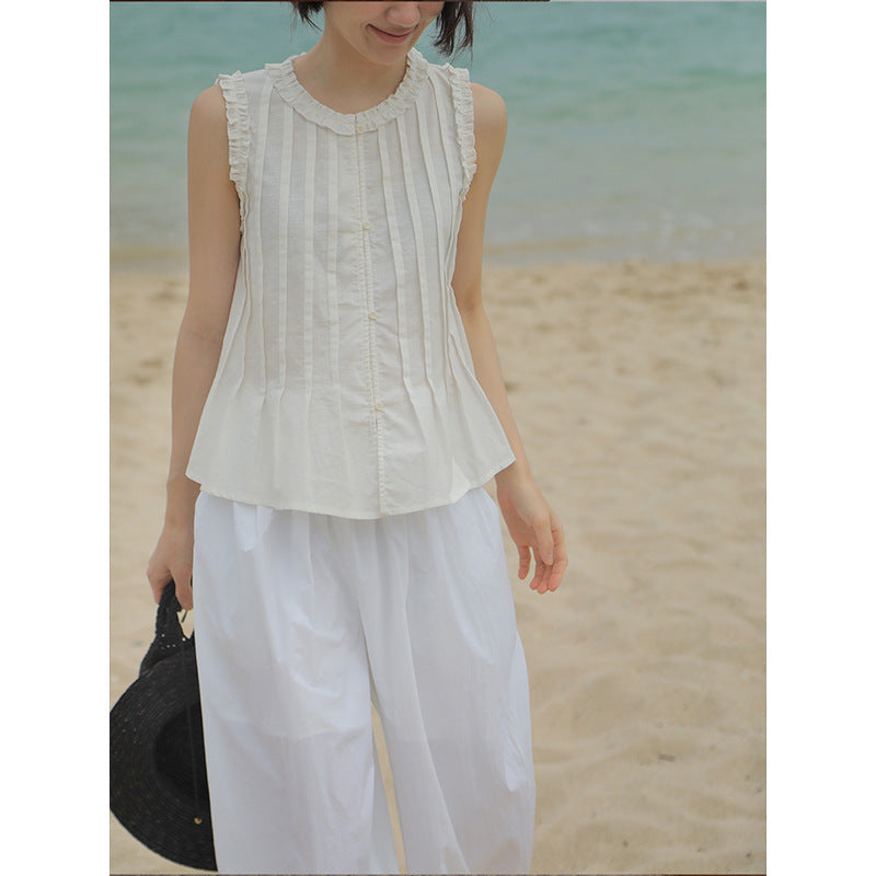 Lazy Crew Neck Fungus Lace Splicing Shirt Summer Sleeveless Vest