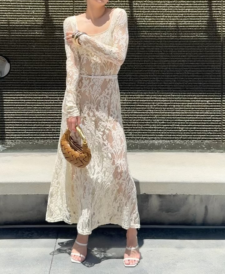 Openwork lace see-through long sleeve hottie sexy dress